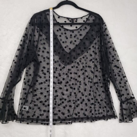 Ups & Downs Blouse Women 2X Black Sheer Polka Dot Mesh Ruffle Dark Coquette - Picture 7 of 9